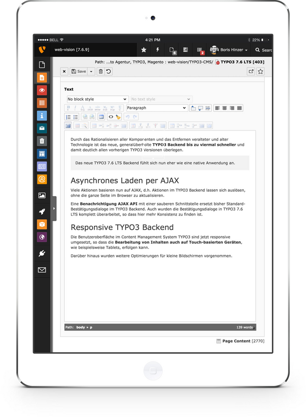 TYPO3 7.6 LTS Backend auf dem Tablet TYPO3 7.6 LTS Backend auf dem Tablet