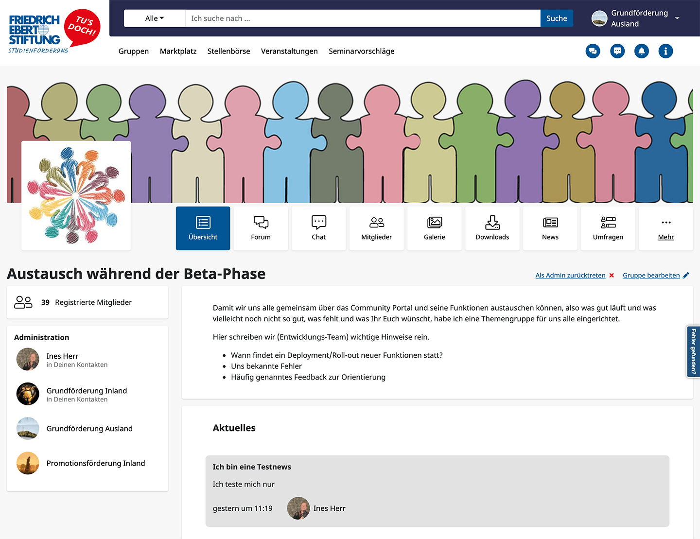 Community Portal: Gruppe mit Modulen, Admin Infos und News Community Portal: Gruppe mit Modulen, Admin Infos und News