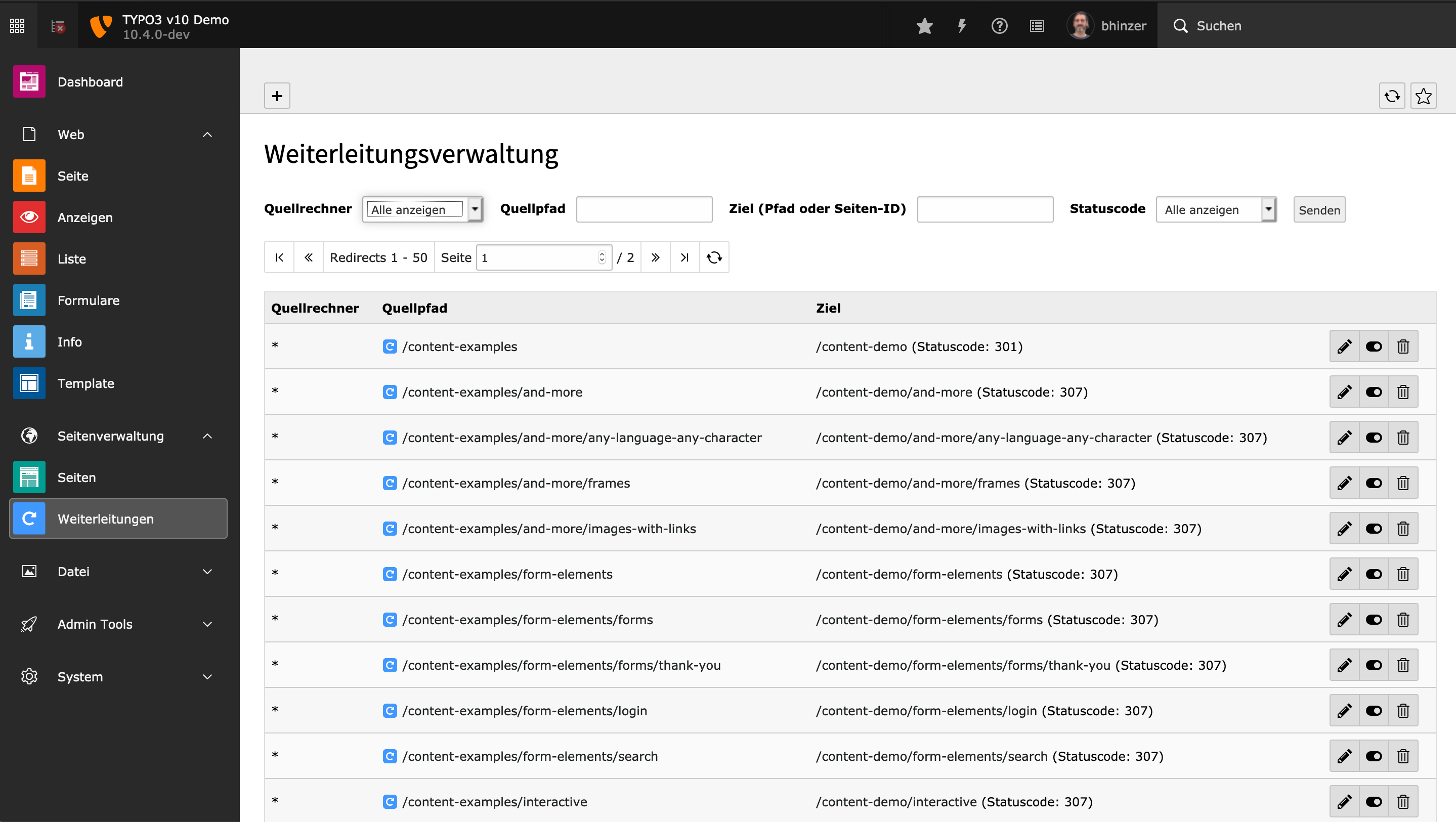 TYPO3 Backend: Weiterleitungen TYPO3 Backend: Weiterleitungen