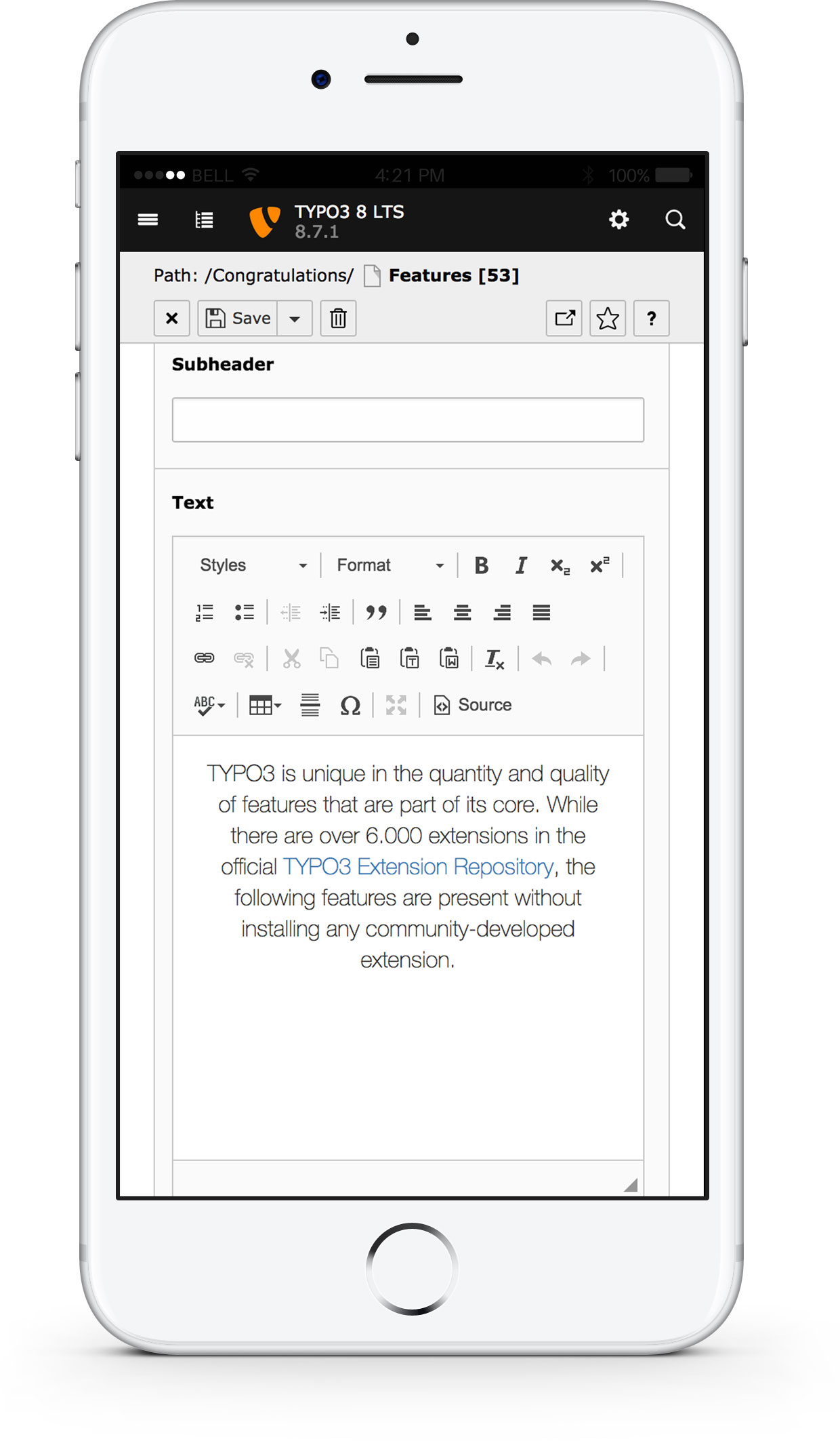 TYPO3 8 LTS Backend - Mobile Responsive - iPhone TYPO3 8 LTS Backend - Mobile Responsive - iPhone
