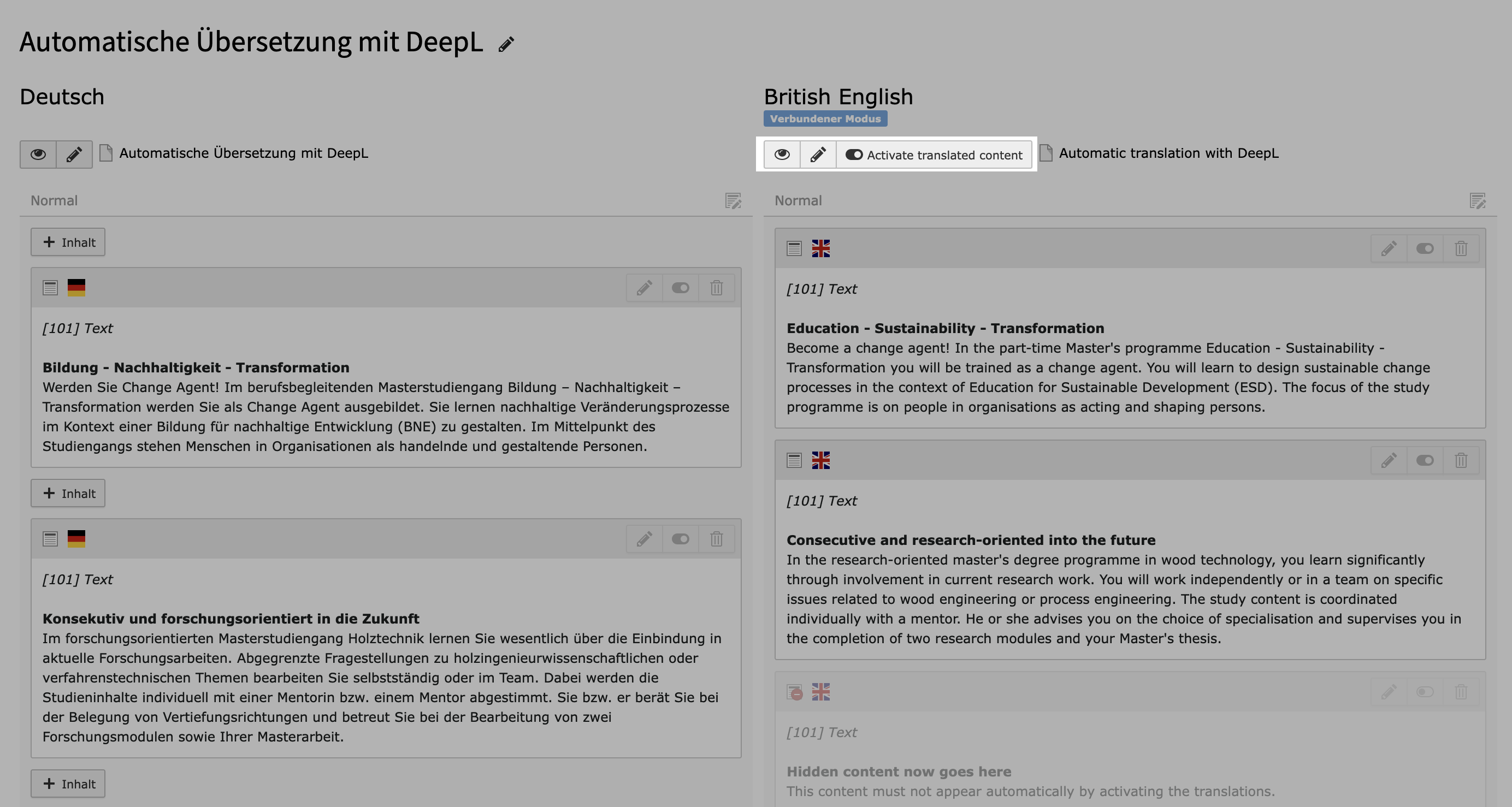 TYPO3 Extension DeepL Translate Screenshot: Activate Translated Content  TYPO3 Extension DeepL Translate Screenshot: Activate Translated Content