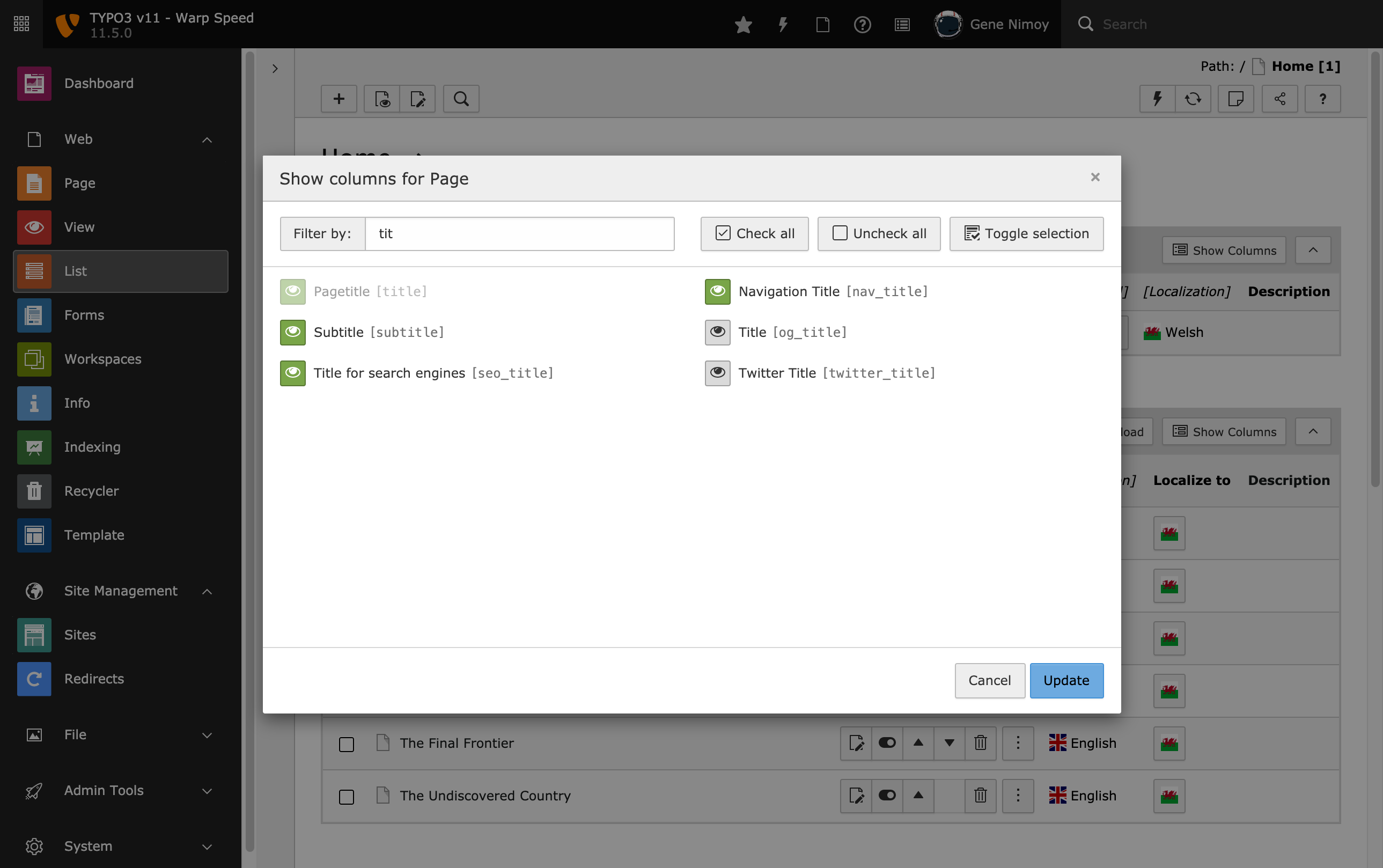 TYPO3 Backend: Listenmodul mit auswählbaren Spalten TYPO3 Backend: Listenmodul mit auswählbaren Spalten