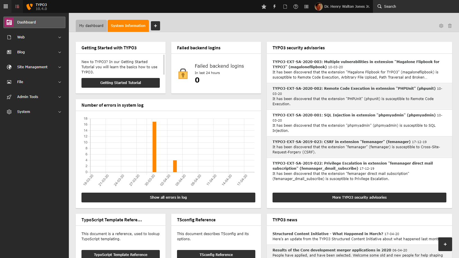 TYPO3 Dashboard: System Information TYPO3 Dashboard: System Information