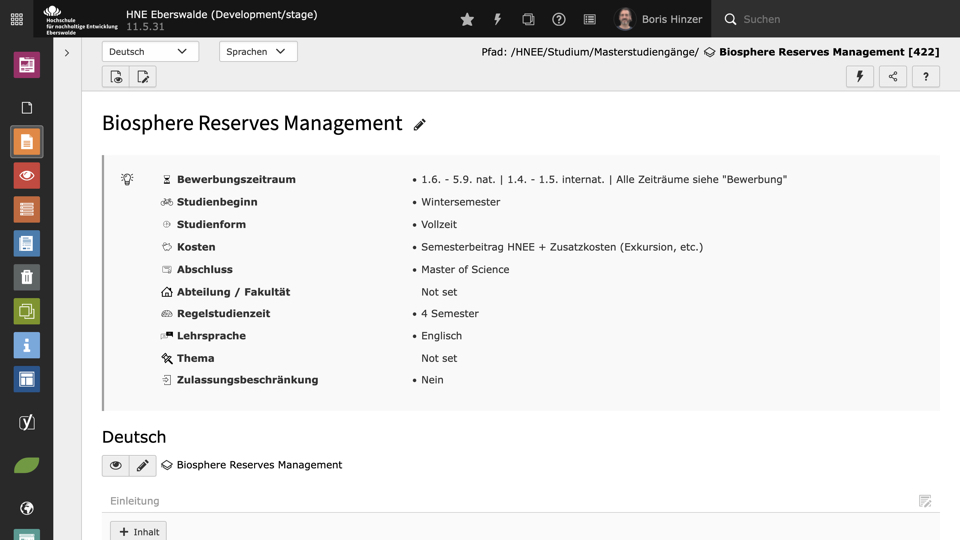 TYPO3 Academic Studies im TYPO3 Backend Seitenmodul